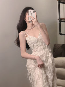 CHOEFULYN | Vacation Style Tassel Feather Halter Neck Dress Summer