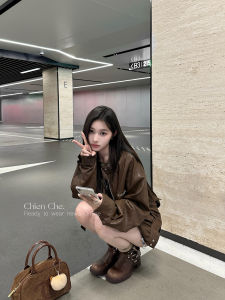 Chien Retro Motorcycle Short Jacket Top Brown Leather Coat Womens Autumn Stand Collar Female Fashion Outerwear PU Material