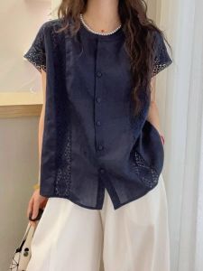 WANGGONGZHU | Lace Hook Short Sleeve Womens Shirt Summer Thin New Large Size Casual Flax Small Top Comfortable Breathable Round Neck Button