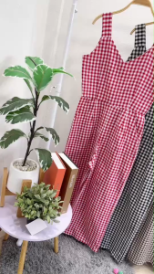 13316 Jumpsuit จั๊มสูท แขนกุด ลายสก็อต ขากระบอก