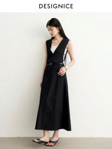DESIGNICE | Slim Fitting Waist Cinching Stylish Simple Black Long Autumn 2026 Dress