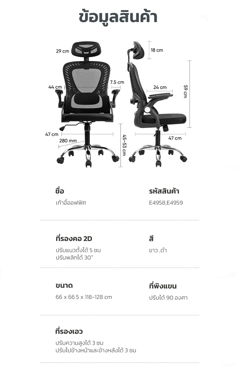 Deli เก้าอี้ทำงาน เก้าอี้สำนักงาน เก้าอี้สีดำ เก้าอี้สีขาว เก้าอี้สีเทา ที่นั่งเพื่อสุขภาพ รวมพนักพิงศีรษะ ปรับสูงต่ำได้ ระบายอากาศดีเยี่ยม