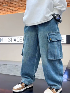 New Cargo Loose Jeans For Kids Boys 7-16yrs Maong Jeans Wide Leg Trousers Big Pocket High Waist Denim Pants Trendy Washed Jeans Pants Korean Denim Jeans