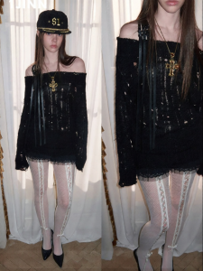 1JINN STUDIO | Off-Shoulder Belted Lace Hollow Cable Knit Top