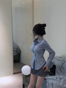 plus Size Womens Blue Vertical Stripes Shirt Slim Fit Waist Cinched Korean Style Long Sleeve Polo Collar Button up Top