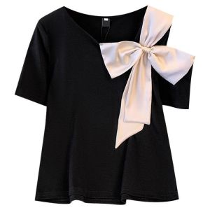 Elastic Cotton Shoulder Bared Design Unique 3D Decorated Butterfly Knot Short Sleeve T Shirt Summer Trendy Girls Fashion Top