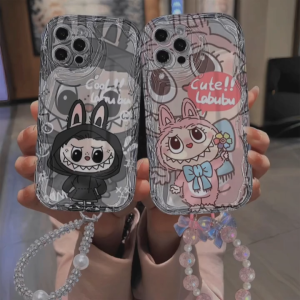 FOX Case Infinix Hot 40i Smart 8 Pro Casing Couple Black Coll and Pink Cute Cartoon Labubu Tali Manik Lanyar Pelindung Kamera