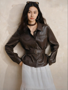 Yigue | Retro Khaki Spring 2026 Stand-up Collar Shirt-style Stylish Moto Soft PU Jacket