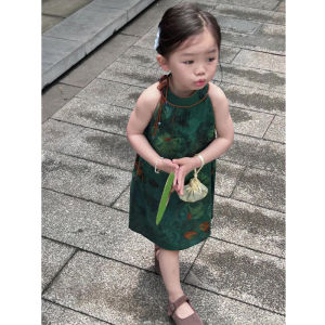 Girls Cheongsam Dress Summer New Style National Trend Green Color Chinese Traditional Painting Childrens Retro Clothing