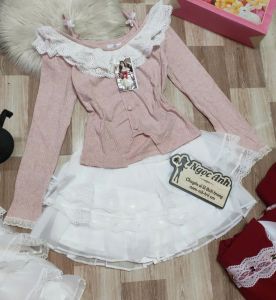 Set tay dài chân váy quần chất thun len dũa phối vải voan tơ