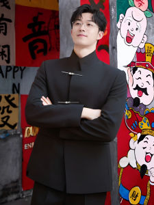 New Chinese Style Wedding Suit Jacket Mens Stand Collar Zhongshan Suit Marriage Groom Traditional Chinese Western Costume Set Formal Tang Costume