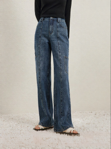 Yigue | Mid High Waist Loose Straight Large Pocket Womens Denim Trousers