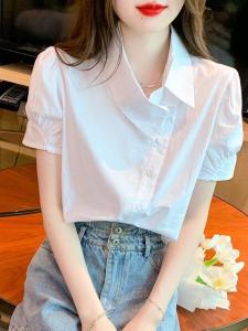 White Bubble Sleeve Short Sleeve Womens Chiffon Shirt Irregular Design Summer Mini-length New Style Commute Style 2025