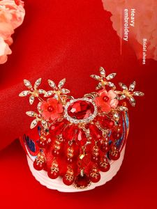 New Handmade Bead Embroidered Hanfu Wedding Shoes Red Bridal Slippers Womens Traditional Chinese Style Cotton Lined Flared Toe