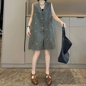 Gray French Contrast Color Embroidery Short One-Piece Womens Summer 2025 New Small Size Vest Overall Pants High Waist Wide Leg