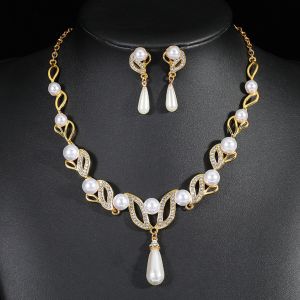 3PC Womens Fashion Wedding Season Imitation Pearl Flower Necklace Earrings Jewelry Set Wedding Date Party Holiday Gift-8916