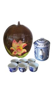 Bình ủ trà trái dừa vẽ hoa Sen / Bình trà 07 -  09 lít / Giữ ấm 3 - 6 giờ / Sản phẩm sản xuất thủ công / Xưởng sản xuất bán trực tiếp