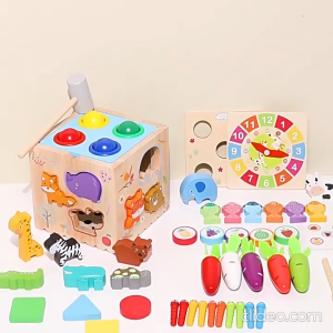 Hộp Gỗ Montessori 8 Trong 1 Chủ Đề Động Vật - Đập Bóng Câu Cá Thu Hoạch Cà Rốt Ghép Hình Giáo Dục Sớm Cho Bé