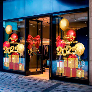 New Year Static Cling Stickers Shop Window Glass Door Decorations Christmas Theme Anti-Collision Waterproof PVC Wall Decals
