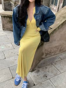 French Style Grey Knitted Dress Womens Fashion Slim Fit Half Open Collar Wrap around Skirt Long Dress Autumn Season