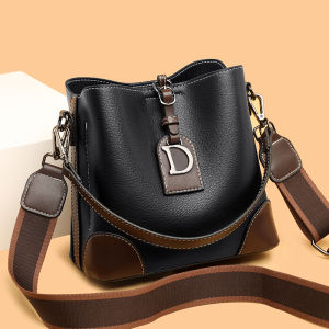 Genuine Leather 2024 New Arrival K-style Fashion Handbag Satchel Shoulder Messenger Bag Trendy Contrast Color Bucket Bag Diaper Bag