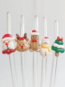 1/5PCS Reusable Glass Straws with Cute Christmas Characters Perfect Holiday Drinks and Party Favors Ideal Christmas Gift Set