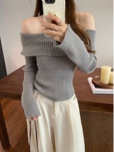 French Sweet Gentle off-Shoulder Sweater Womens Early Autumn Super Nice Silm Slim Looking Pure Desire Long Sleeves Knitting Tops