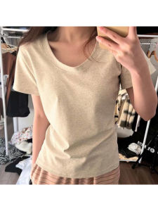 Dawei Short Sleeve U Neck Atmosphere Sense T Shirt Nianxiang Grey Commute Style Regular Thickness Summer Season Pure Color