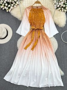 Retro Summer Gradient Color A-Line Pleated Dress: High Waist Slim Fit & Seven Sleeve Design