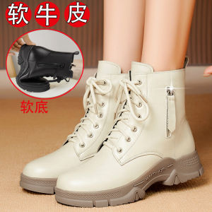 Leather Martin Boots Women Thick Bottom Flat Bottom Anti-Slip Soft Bottom Casual Warm Fleece Fashion White Short Boots Wool Leather Shoes