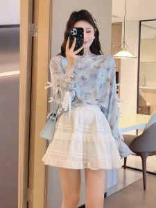 เสื้อยืดแขนยาวลายผีเสื้อพิมพ์ลายฤดูร้อน Dongdaemun ทรงหลวมสไตล์เกาหลี ผ้าฝ้ายผสมโพลีเอสเตอร์ ปกกลม