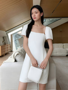 Elegant Short White Porcelain Dress Square Collar Waist-Cinching Womens Dress Commute Simple Luxury Summer New Arrival