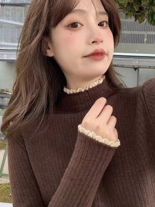 Womens Knitted Half High Collar Fleece Lined Base Shirt Integrated Velvet mid Collar Sweater Autumn Winter Warm Thermal Top
