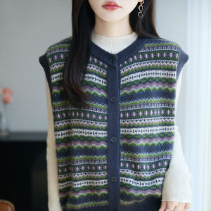 เสื้อกั๊กถักขนสัตว์ลายทางสไตล์ย้อนยุค แขนกุด ปกเปิด ชั้นใน ชุดชั้นใน แฟชั่นฤดูใบไม้ร่วง สำหรับผู้หญิง