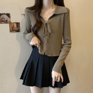 Plus Size Womens Clothing K-style Shoelace Heavy Industry Rope Polo Collar Knitting Bottoming Shirt Chubby Girl Silm Slimming Short Top