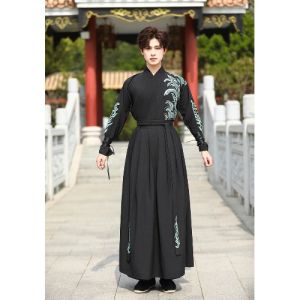 Elegant Black Embroidered Hanfu Mens Suit Majestic Wu Wei Style Ancient Chinese Martial Arts Costume High End Polyester Fiber
