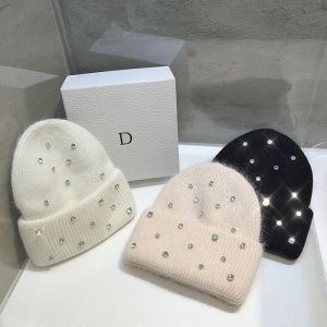 New Luxury Rhinestone Beads Knitted Hat Korean Women Rabbit Fur Wool Skullies Cap Winter Fashion Thickened Warm Bonnet Beaanies