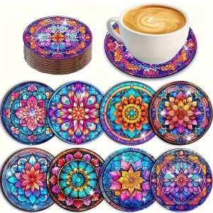 8 Pieces/Set of Diamond Painted Coasters Set Acrylic Mandala Coasters (With Holder) - DIY Diamond Art Craft Kit for Home Decor