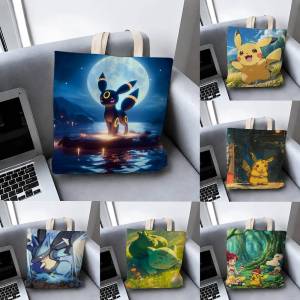 Bandai | Pokemon Sinnoh Starters Storage Bags Tote Bag Travel Summer Beach Shoulder Bag Reusable Grocery Shopping Bag Anime Artwork