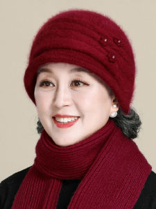 SHIPAILUO | หมวกไหมพรมผู้หญิงวัยกลางคนและผู้สูงอายุ สีแดง หมวกคลุมศีรษะแบบปกป้องความอบอุ่นในฤดูใบไม้ร่วงและฤดูหนาว หมวกไหมพรมสำหรับคุณแม่