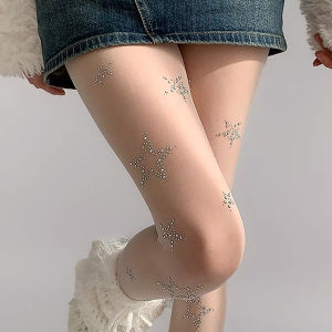 【♡Lovely girls house♡】ถุงน่องสูงถึงต้นขาถุงน่องหญิงเซ็กซี่ตาข่ายประดับเพชรพลอยเทียมรูปดาว Y2k