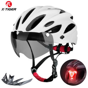 X-TIGER Magnetic Goggles Bicycle Helmet with LED Rear Light Ultralight Cycling Helmet Adult MTB Bike Helmet Fit 58-62cm