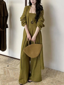 Elegant Green Knitted Three-Piece Set Womens Fashion Outerwear Tank Top Wide Leg Pants High Waist Long Sleeve V-Neck Autumn Wear