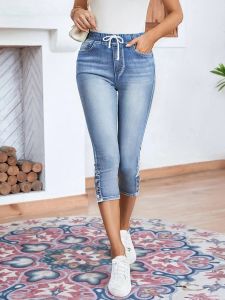 Womens Elastic Waisted High Waist Jeans mid Stretch Denim Shorts Casual Comfortable Fit Summer Fashion Small Foot Pants
