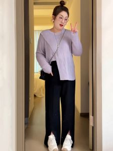 Plus Size Womens Clothing Stylish Split Long Sleeve Knitwear Womens Autumn Plus Size Ladies Slim Looking Belly Covering Chic Bottoming Shirt Tops