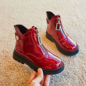 Girl Red Short Boots Autumn and Winter Fleece Lined round Toe Leather Boots British Style Flat Heel Side Zipper Princess Little Girl Boots