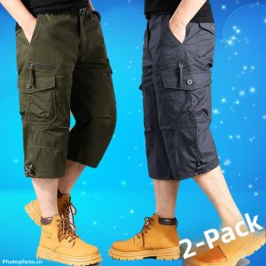 Mens Cotton Elastic Waist Casual Pants Seven-Foot-Length Wear-Resistant Loose Fit Summer Fashionable Straight Leg Trousers