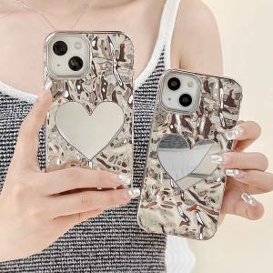 【New】Electroplated Pleated Love Mirror TPU Phone Case with bracelet For iPhone 7 8 X XS XR 11 12 13 14 15 16 Series