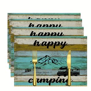 VIKAMA 4/6PC Camping-Themed Placemats Black-Letter Mountain RV Vintage Outdoor Camping Family Gathering