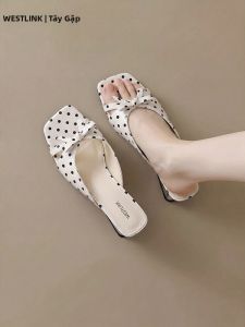 Dép Sandal Mũi Vuông Gót Cao Thiết Kế Chấm Bi Cho Mùa Hè